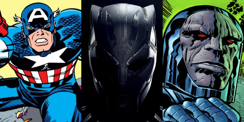   Marvel Comics의 Captain America, Black Panther: Wakanda Forever 포스터 및 DC Comics의 Darkseid 분할 이미지.