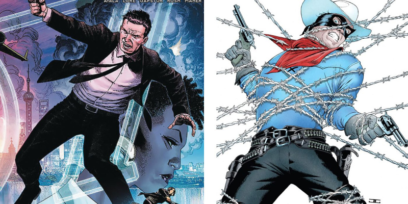   Osztott kép, amely a Dynamite Comics James Bond és a Lone Ranger kiadványokat mutatja