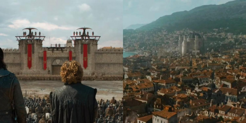   טיריון לפני אחד השערים של Kings Landing ותצפית על העיר ממעוף הציפור