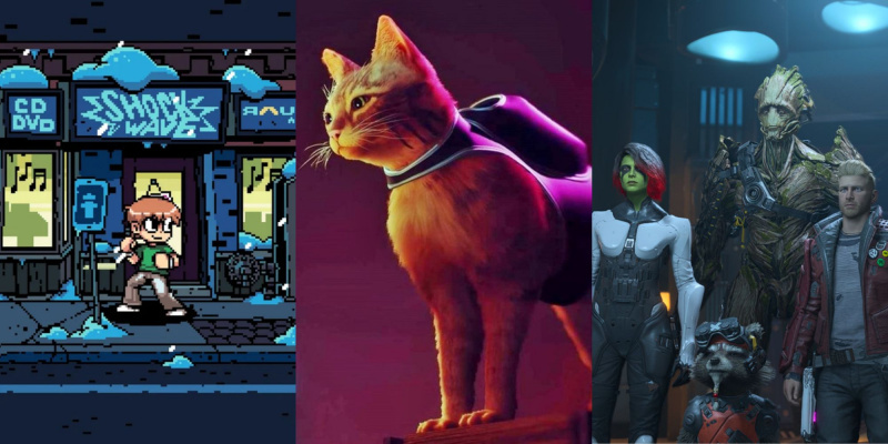   תמונה מפוצלת של המשחק Scott Pilgrim, Stray ו-Guardians of the Galaxy