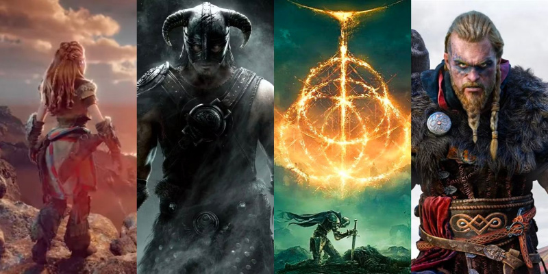   Neli pilti, mis näitavad tegelasi filmist Horizon Forbidden West, Skyrim, Elden Ring ja Assassin's Creed Valhalla