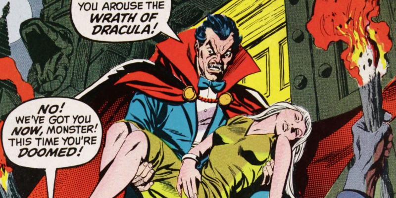   Drakula megfenyeget egy tömeget, miközben egy eszméletlen nőt visz magával a Marvel Comics-ban.