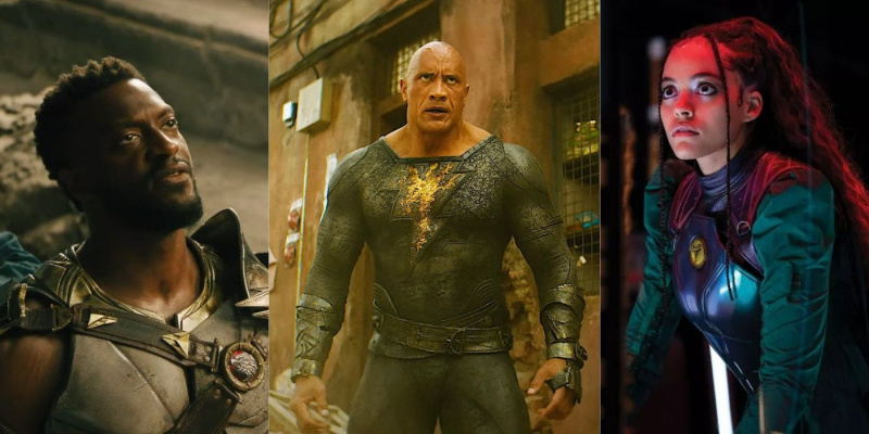  Aldis Hodge, Dwayne Johnson 및 Quintessa Swindell의 3방향 분할 화면