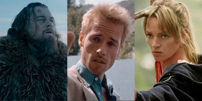   שלוש תמונות המציגות דמויות מ-The Revenant, Memento ו-Kill Bill