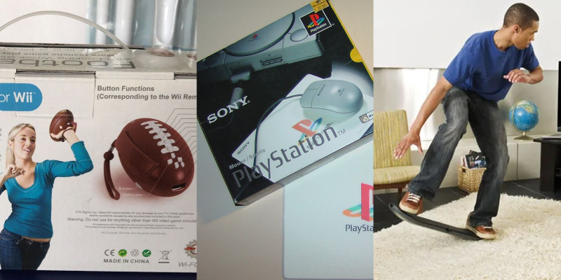   10 verste spilltilbehør gjennom tidene, med fotball-wiimote, playstation-mus og tony hawk ride-brett