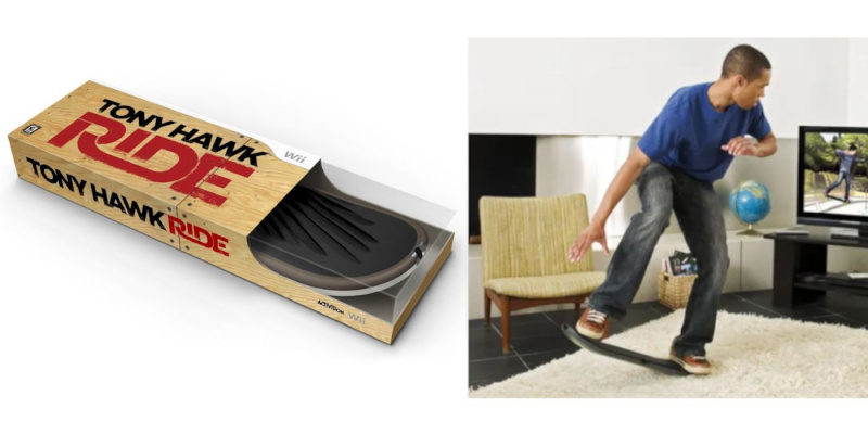   Tony Hawk Ride Board ved siden av En spiller som bruker brettet