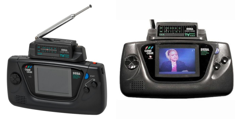   To SEGA Game Gear TV-tunere, en med TV-signal og en annen på skjermen