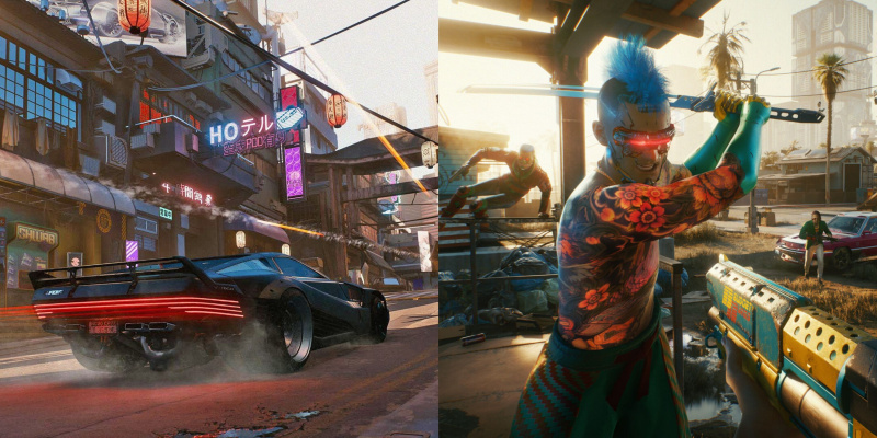   ยานพาหนะภาพเด่นใน Night City และตัวละครที่ถือใบมีดใน Cyberpunk 2077