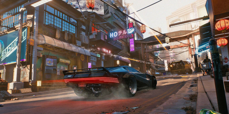   รถ Cyberpunk 2077 ขับไปตามถนนในเมือง