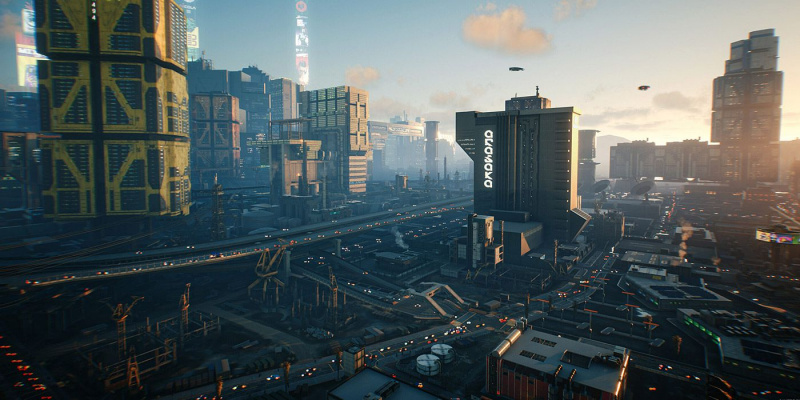   ภาพมุมกว้างของ Night City ยามพลบค่ำใน Cyberpunk 2077