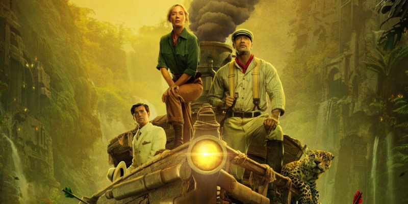   Cartaz do filme Jungle Cruise 2020 com os personagens principais em um barco