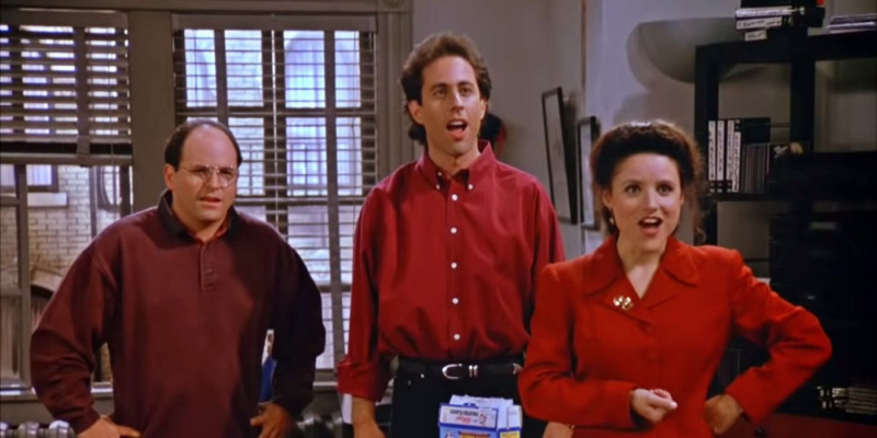   Jerry, George (Jason Alexander) และ Elaine (Julia Louis-Dreyfus) ใน Seinfeld