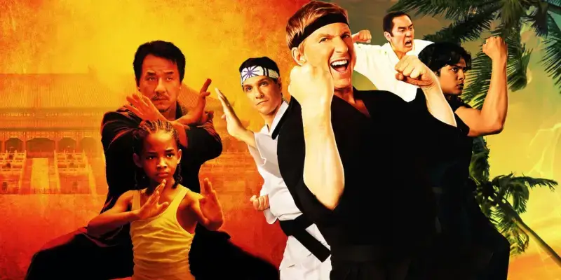 შერეულ სურათზე გამოსახულია Karate Kid 2010-ის ვარსკვლავები ჯეკი ჩანი და ჯეიდენ სმიტი კობრა კაის ვარსკვლავებთან ერთად რალფ მაჩიო, უილიამ ზაბკა, ქსოლო მარიდუენა და იუჯი ოკუმოტო