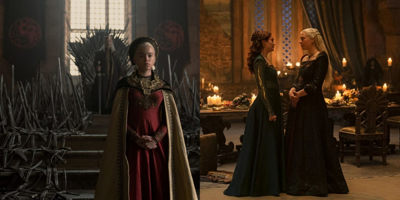   Iron Throne 앞의 젊은 Rhaenyra와 House of the Dragon에서 Queen Alicent와 함께 나이든 Rhaenyra의 분할 이미지.