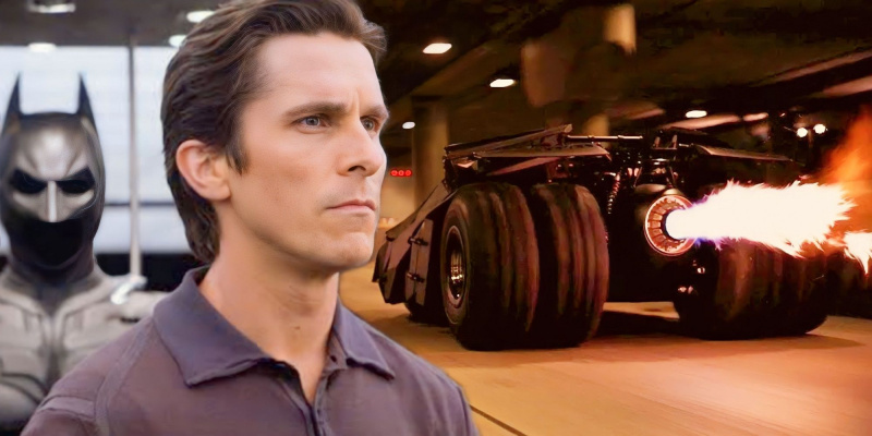   Christian Bale Batmani rollis Christopher Nolanis's The Dark Knight with Tumbler Batmobile