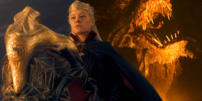   House of the Dragon의 배경에 있는 Rhaenyra와 용의 혼합 이미지